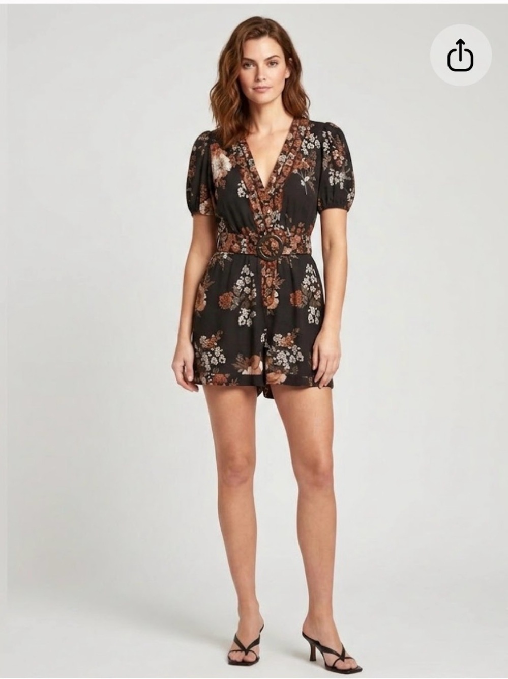 Caroline Constas Romper Black Floral Linen Blend Short Puff Sleeve Belted Size 8